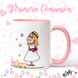 TAZA DE CERAMICA DE PRIMERA COMUNION NI�A CON MARIPOSAS