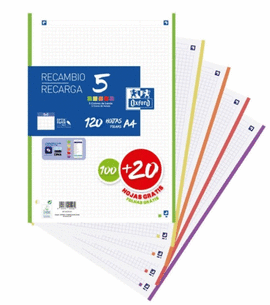 RECAMBIO MULTICOLOR 100+20H A4 CUADRICULA 5X5 5 COLORES VIVOS OXFORD