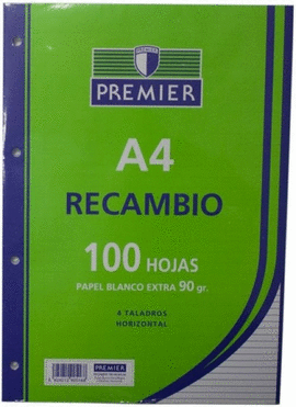RECAMBIO A4 100H 4 TALADROS 90G CUAD.5X5 C/M PREMIER