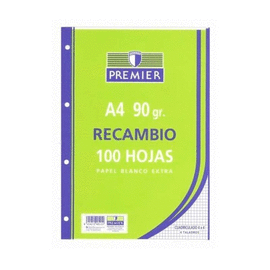 RECAMBIO PREMIER 100H A4 90GR CUADRICULADO 4X4 MM.  4 TALADROS