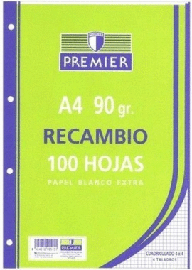 RECAMBIO A4 100H 4 TALADROS 90G 1 HORIZONTAL C/M PREMIER