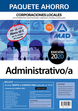 PAQUETE AHORRO ADMINISTRATIVO DE CORPORACIONES LOCALES. AHORRO DE 68  (INCLUYE TEMARIO GENERAL VOL 1 Y 2; TEST; SIMULACROS DE EXAMEN; SUPUESTOS PRCT